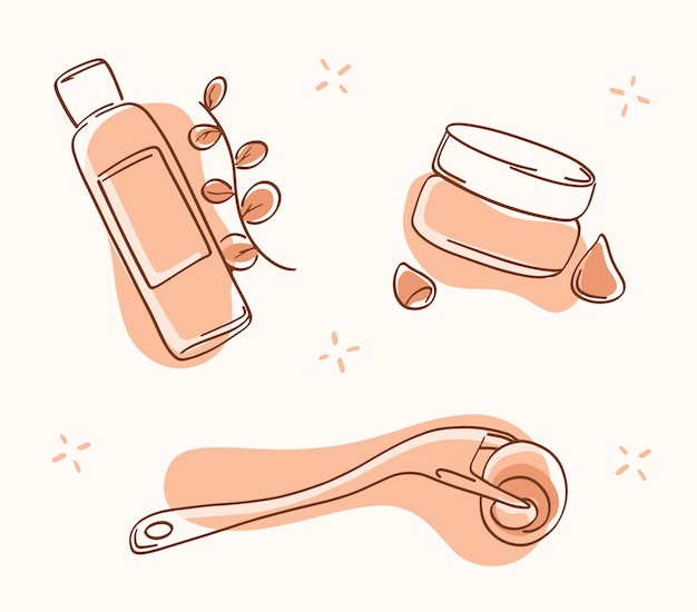 Ícones de rabiscos desenhados à mão para produtos de cuidados com a pele, tubos de creme, conjunto de esboços desenhados à mão para rolos derma, marrom