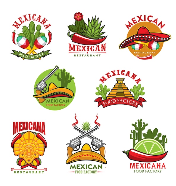 Ícones de restaurantes mexicanos, emblemas de desenhos animados com símbolos tradicionais do méxico