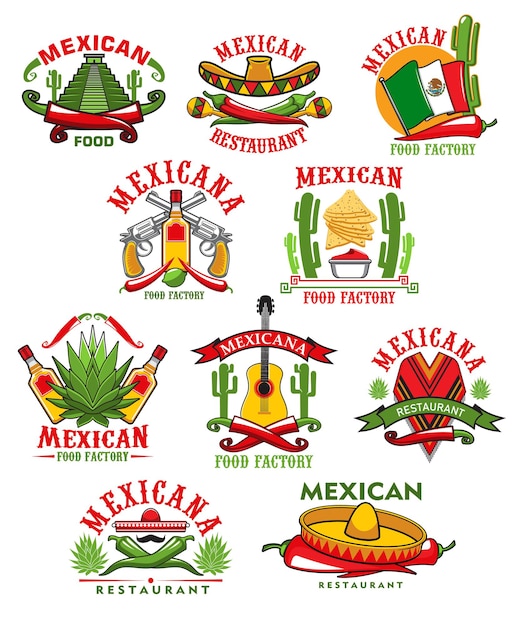 Ícones de restaurantes mexicanos, emblemas de desenhos animados com símbolos tradicionais do méxico