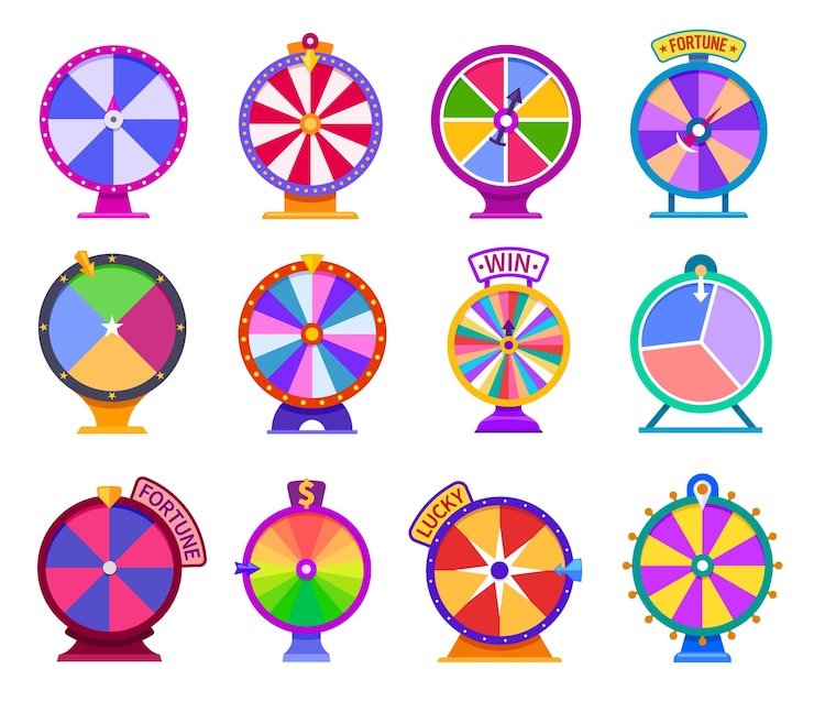 Vetor ícones de rodas da fortuna roda de jogo girar loteria roletas de cassino prêmio chance de jogo sorte jackpot ganhar vencedor entretenimento isolado ícones vetoriais exatos