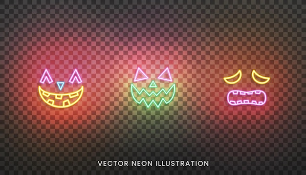 Vetor Ícones de rosto de néon de halloween. conjunto de expressões faciais em neon brilhante para o halloween