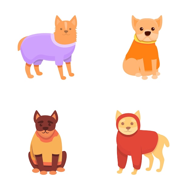 Vetor icones de roupas de cão set de vetor de desenho animado raça diferente de cão em roupas brilhantes