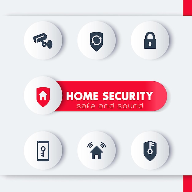 Ícones de segurança doméstica definem escudo de cctv ilustração em vetor de aplicativo móvel de segurança de casa chave