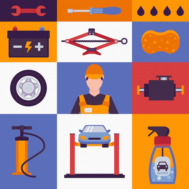 Ícones de serviço de carro em colagem colorida