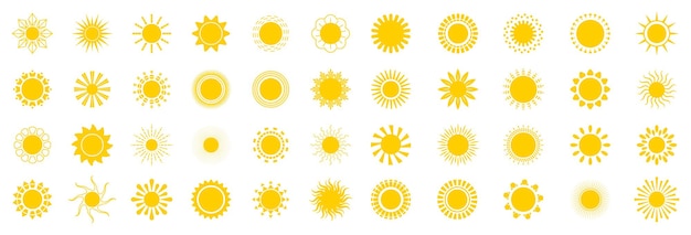 Ícones de sol brilhante definir vetor. logotipo do sol em vários projetos em fundo branco isolado.