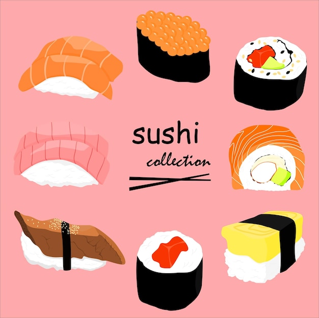 Ícones de sushi vetoriais definem ilustração de comida japonesa para desenho de loja de rolos de sushi de frutos do mar