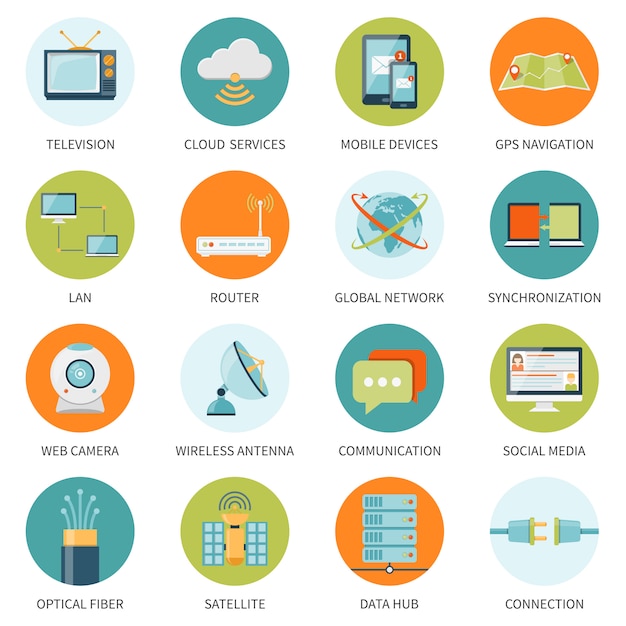 Ícones de telecomunicação em círculos coloridos