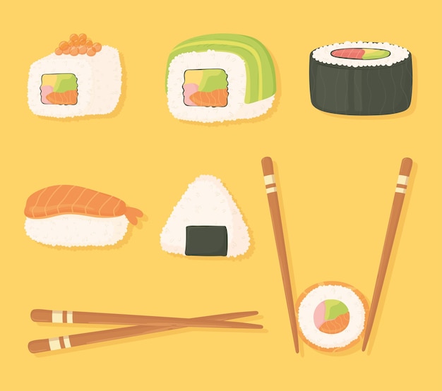 Ícones de tempo de sushi definir pauzinhos e ilustração de comida de sushi diferente