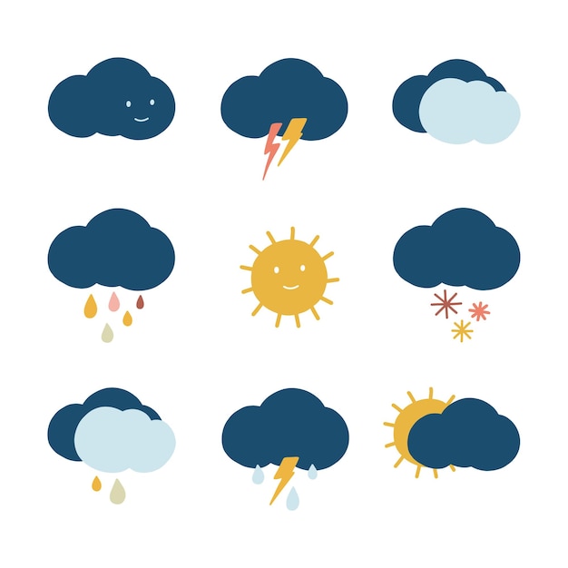 Ícones de tempo desenhados à mão pacote de símbolos climáticos para meteorologia