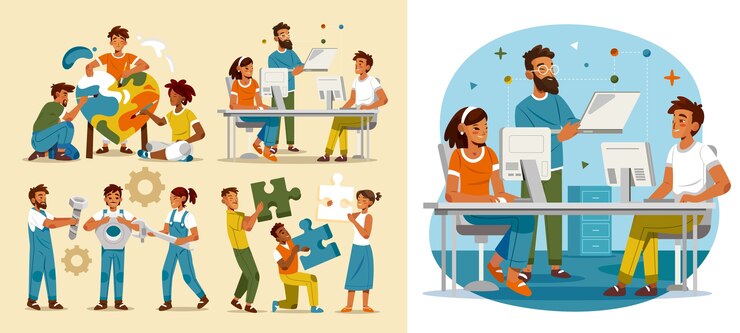 Vetor icones de trabalho em equipe e colaboração e conjunto de ilustrações