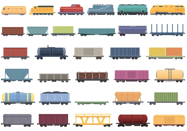 Vetor Ícones de vagões de trem definem vetor de desenho animado locomotiva diesel