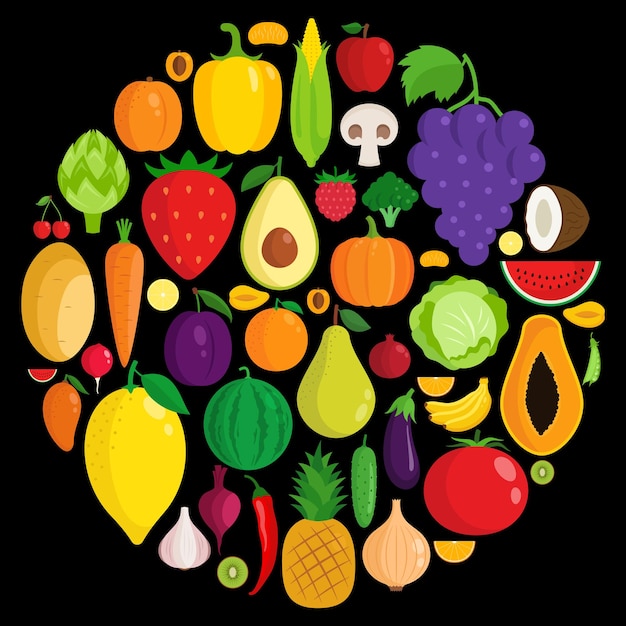 Ícones de vegetais e frutas vetoriais