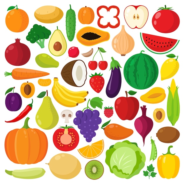 Ícones de vegetais e frutas vetoriais