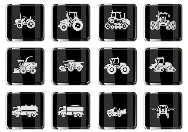 Ícones de veículos agrícolas definidos com combinam elementos de reboques de trator de cultivo e irrigação. pictogramas em botões cromados pretos.