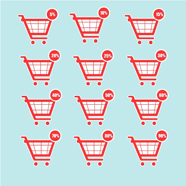 Ícones de venda de carrinho de compras vermelho sobre fundo azul ícones isolados de venda de carrinho de compras