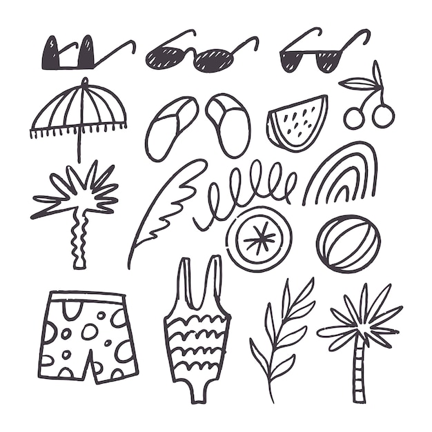 Ícones de verão desenhados à mão em um fundo branco em ilustração de arte em linha