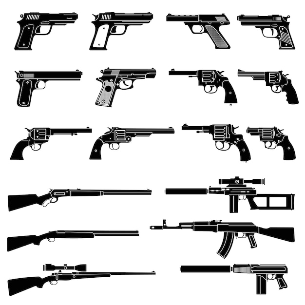 Vetor Ícones de vetor de arma e arma automática. militar combate pictogramas de armas de fogo