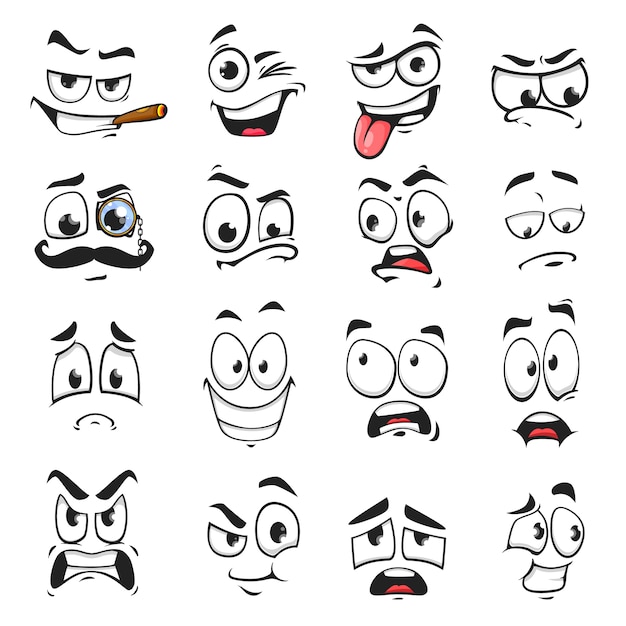 Vetor Ícones de vetor de expressão de rosto isolado, charuto de fumar emoji de desenho animado, wink e triste, sorrindo, assustado e usar óculos de monóculo com bigode