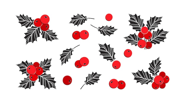 Ícones de vetor de natal de baga de azevinho, conjunto de decoração de temporada, plantas de inverno. ilustração de férias