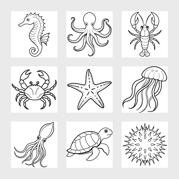 Ícones de vetores de vida selvagem marinha