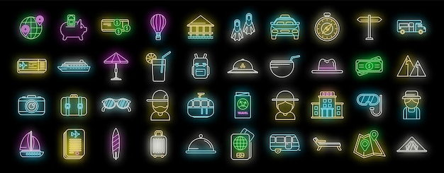 Ícones de viagens de aposentadoria set de néon vetorial