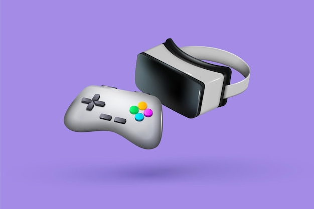 Ícones de videogame VR 3D Elementos do Metaverso Jogadores renderização de joystick sem fio Óculos de simulador virtual Tecnologia de jogos Controlador de jogo Desenho de dispositivos de computador isolados vetoriais