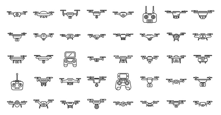 Vetor ícones de videografia aérea definem contorno vetor câmera de drone