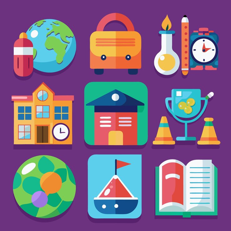 Vetor icones de volta à escola ilustrações educacionais bonitas e coloridas
