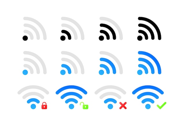 Ícones de wifi ícones vetoriais de intensidade de sinal de wifi de cores planas