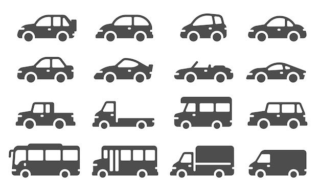 Ícones do carro. Silhuetas de veículos negros, automóveis para viagens, modelos de automóveis. Sedan, caminhão e suv, ônibus e outros sinais de vetor de transporte. Ilustração de veículo automóvel, sedã e van, picape automotiva