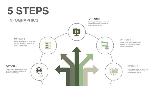 Ícones do centro de dados de backup do site ftp do servidor da internet modelo de design de infográfico conceito criativo com 5 etapas