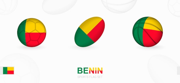 Ícones do esporte para futebol, rugby e basquete com a bandeira do benin.