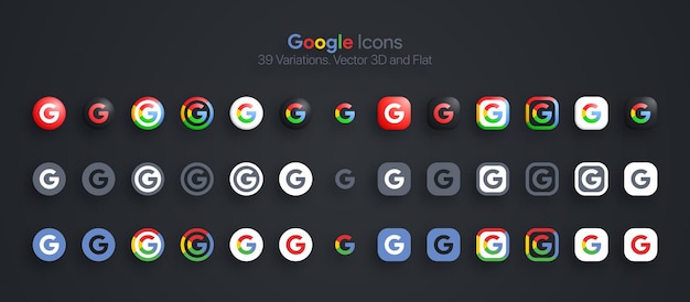 Ícones do google definidos em 3d moderno e plano em diferentes variações