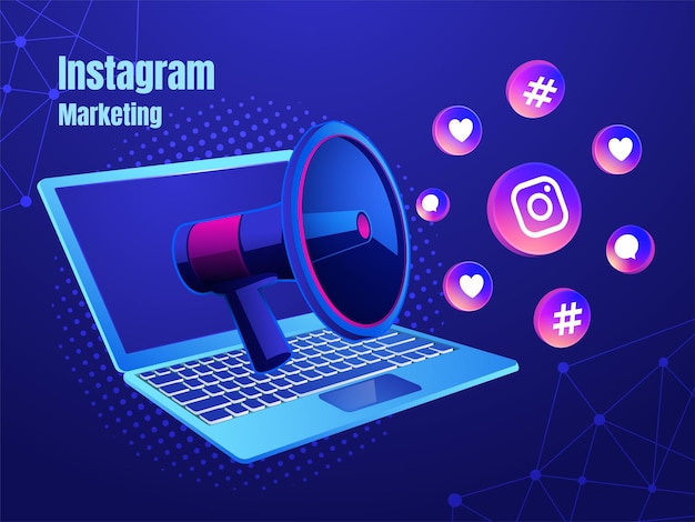 Ícones do instagram com conceito de mídia social de marketing digital de laptop e megafone