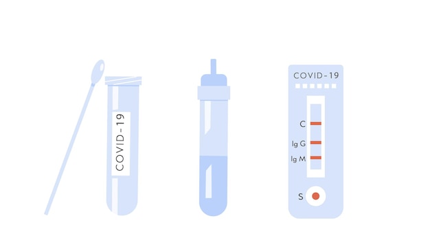 Vetor Ícones do kit de teste doméstico covid-19. teste de sangue do antígeno do anticorpo do coronavírus. ilustração vetorial