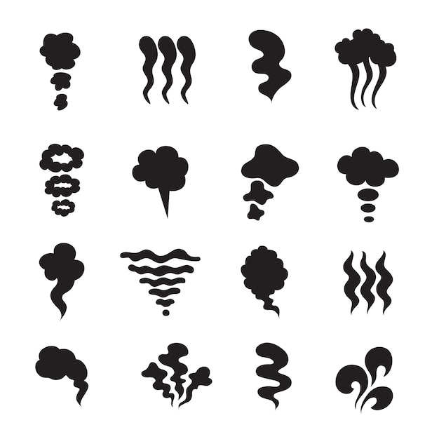 Ícones do steam. símbolos de cheiro de fumaça de vapor. calor e fedor, conjunto isolado de cheiro. ilustração de cheiro e fumaça