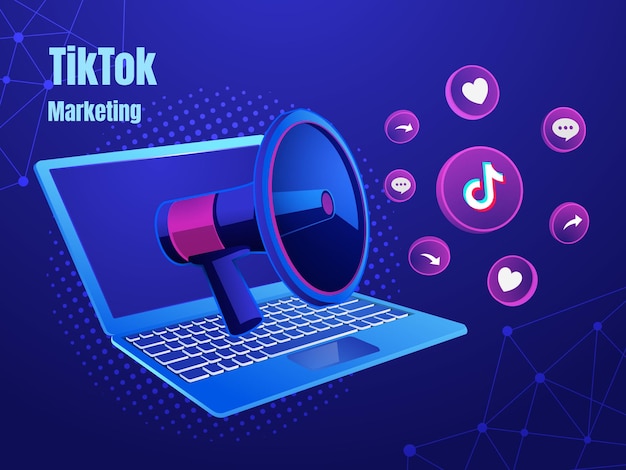 Ícones do tiktok com conceito de mídia social de marketing digital de laptop e megafone