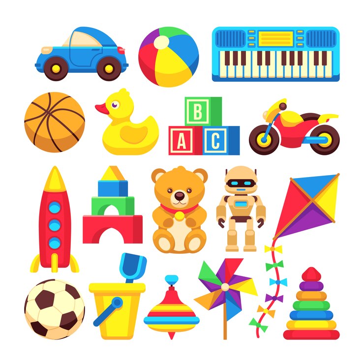 Vetor ícones dos brinquedos das crianças dos desenhos animados isolados no branco. caricatura, bebê, brinquedos, bola, e, urso, ilustração