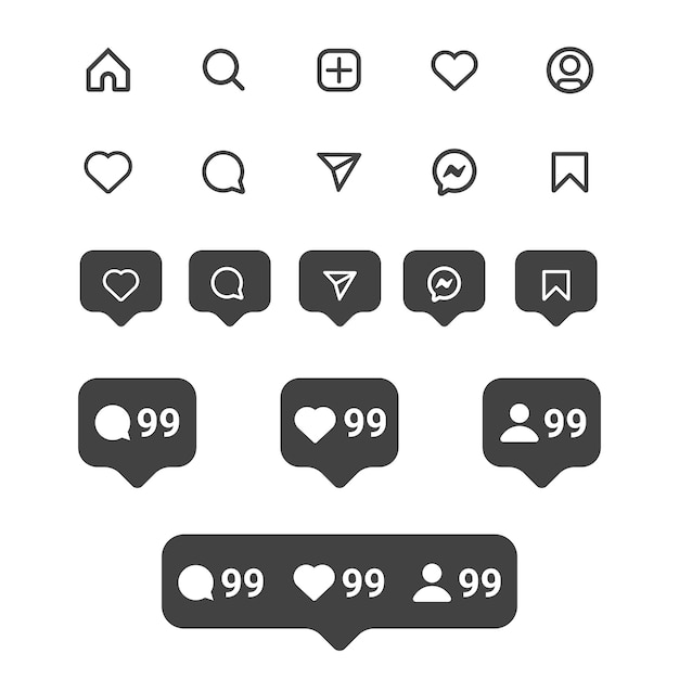 Vetor Ícones e notificações do instagram planos definidos na cor preta