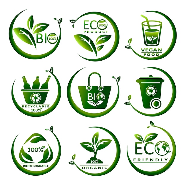 Ícones ecológicos produto ecológico comida vegan biodegradável planeta verde bio