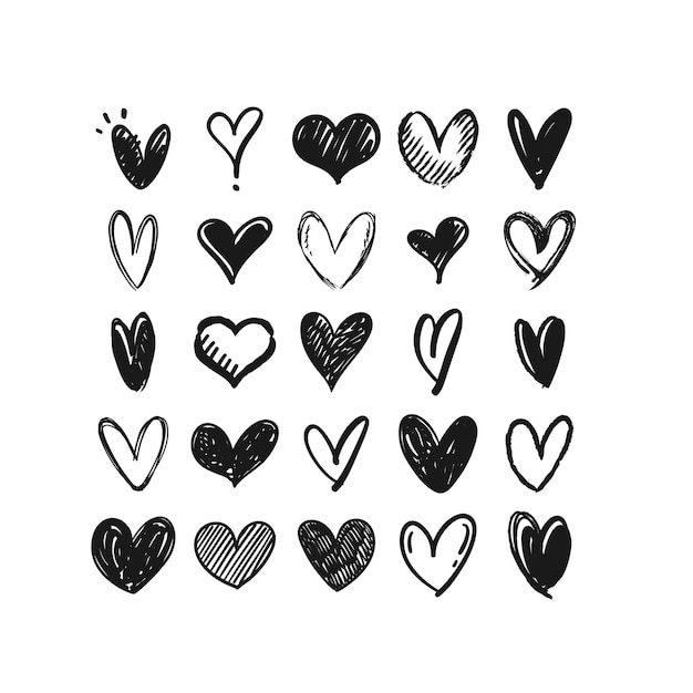 Ícones em forma de coração desenhados à mão