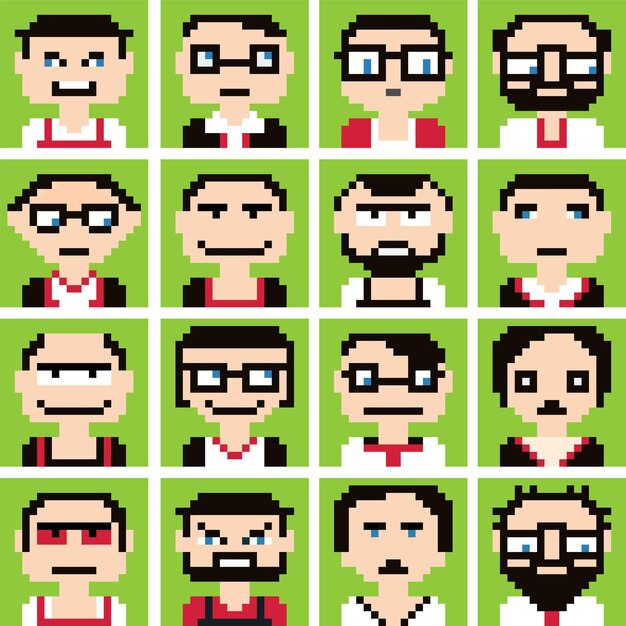 Ícones em gráficos de pixel de estilo de rostos masculinos e femininos.