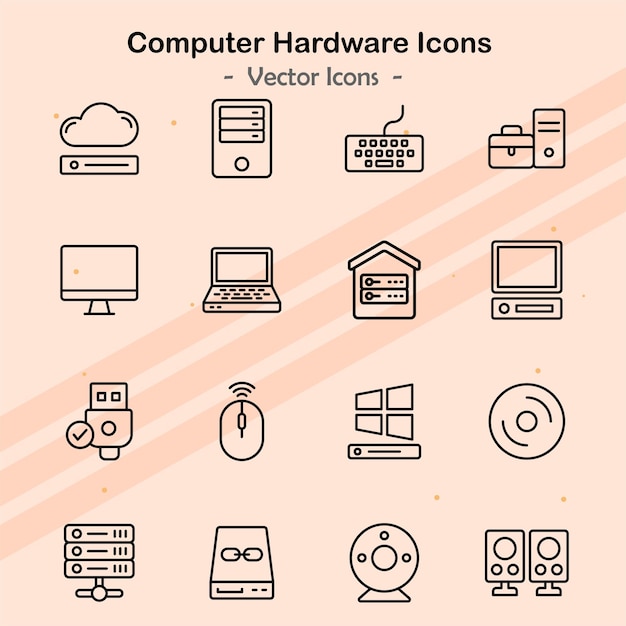 Ícones ilustrando hardware e dispositivos de computador adicionais