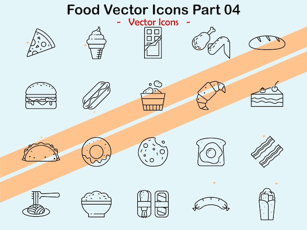 Ícones ilustrando vários itens alimentares e temas culinários em estilo vetorial