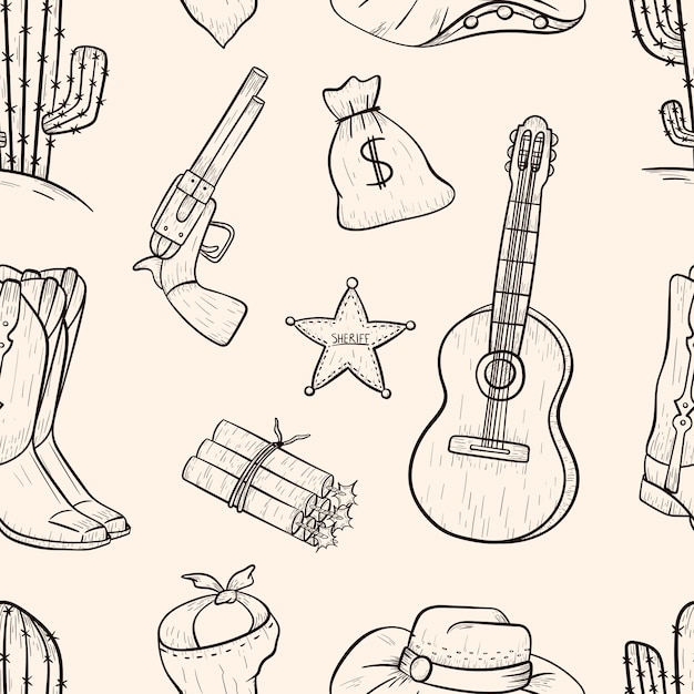 Ícones isolados de vetor de doodle padrão sem costura em estilo country elementos de design de cowboy de arte de linha contorne adesivos de impressão ou decoração de oeste selvagem