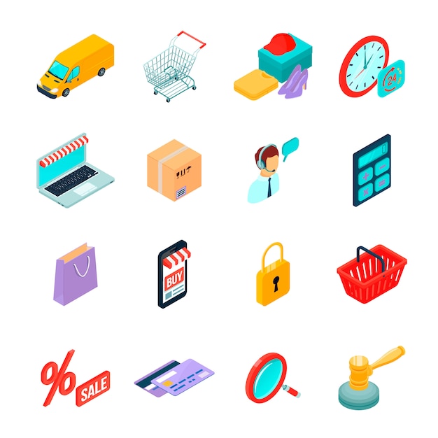 Ícones isométricos de comércio eletrônico com gadgets para comprar na internet e compras símbolos isolados ilustração em vetor