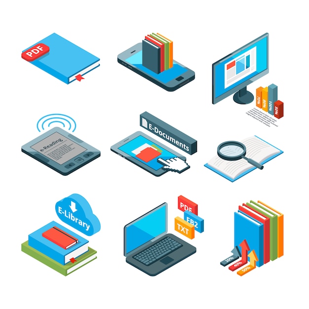 Ícones isométricos de livros eletrônicos