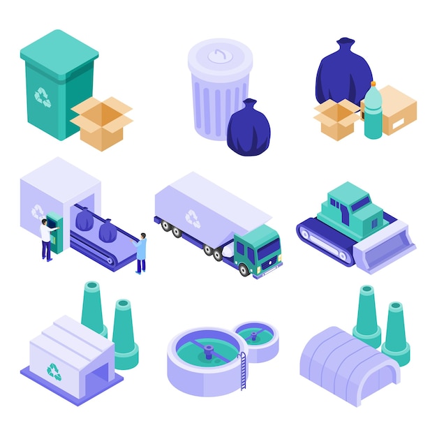 Ícones isométricos de reciclagem de lixo