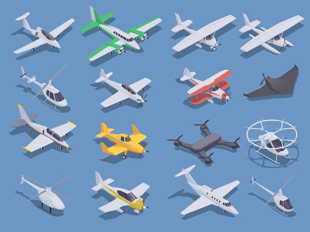 Ícones isométricos de transporte aéreo definidos com helicópteros de aviões pequenos e drones isolados em ilustração vetorial 3d de fundo azul