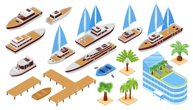 Ícones isométricos definidos com barcos de iate e elementos de território de clube isolados em ilustração vetorial 3d de fundo branco
